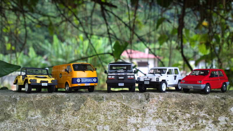 From left to right: Gurgel Xavante, Gurgel E-400 Itaipú, Gurgel Carajás, Gurgel X-12 TR and Gurgel BR800